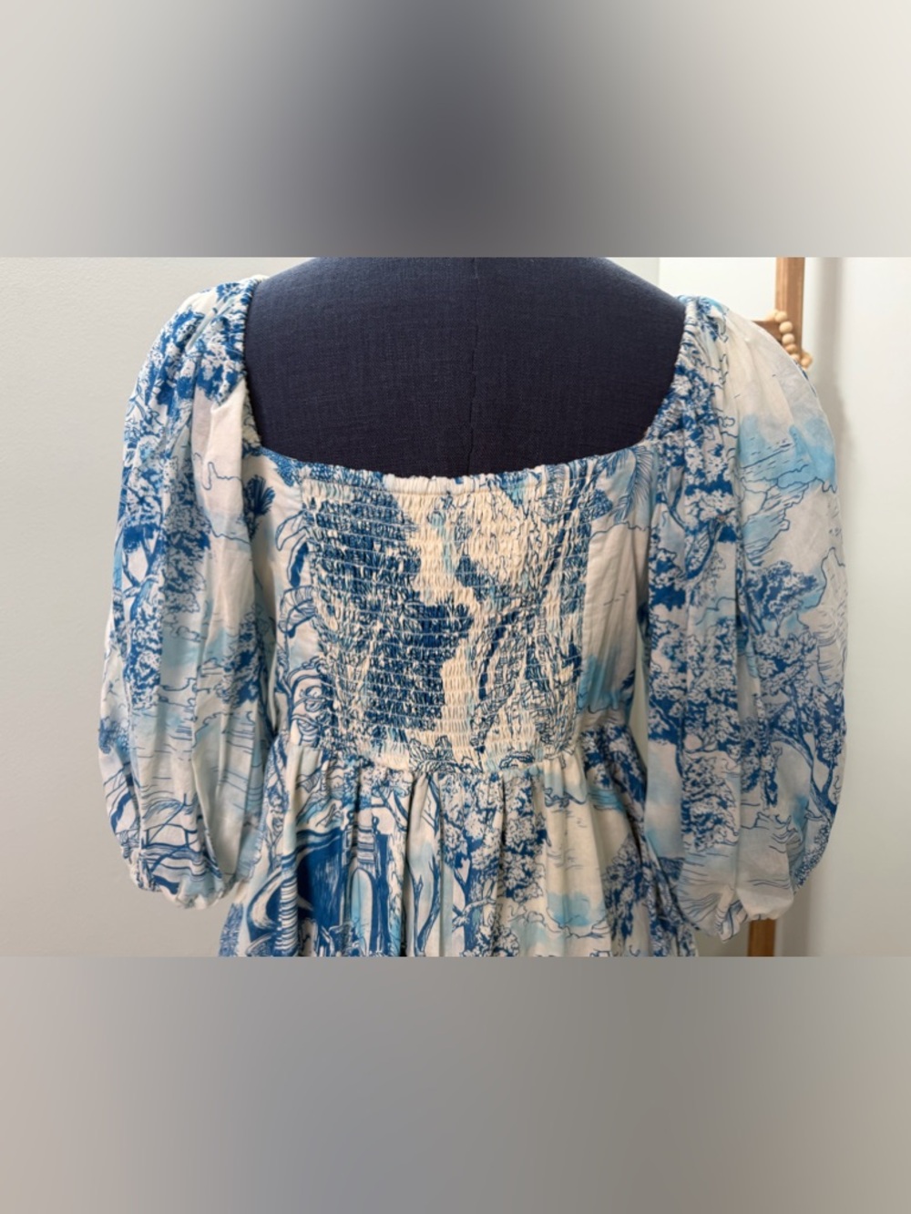 Mestiza Blue White Palm Toile New York Delphine Puff Sleeve Dress Size Large - Picture 4 of 11